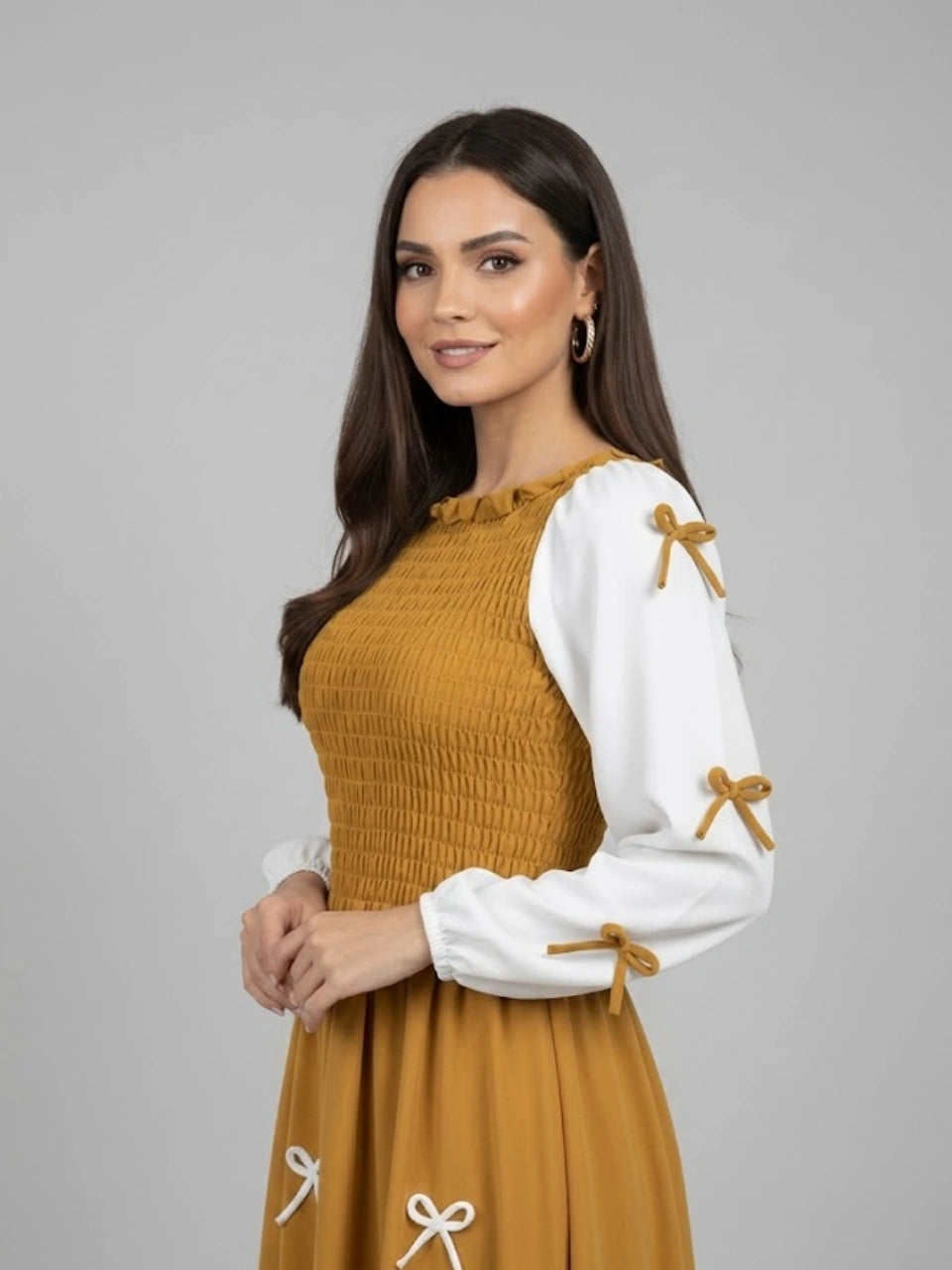 Elegant Golden Yellow & White Ribbon Bow Charm Maxi Dress