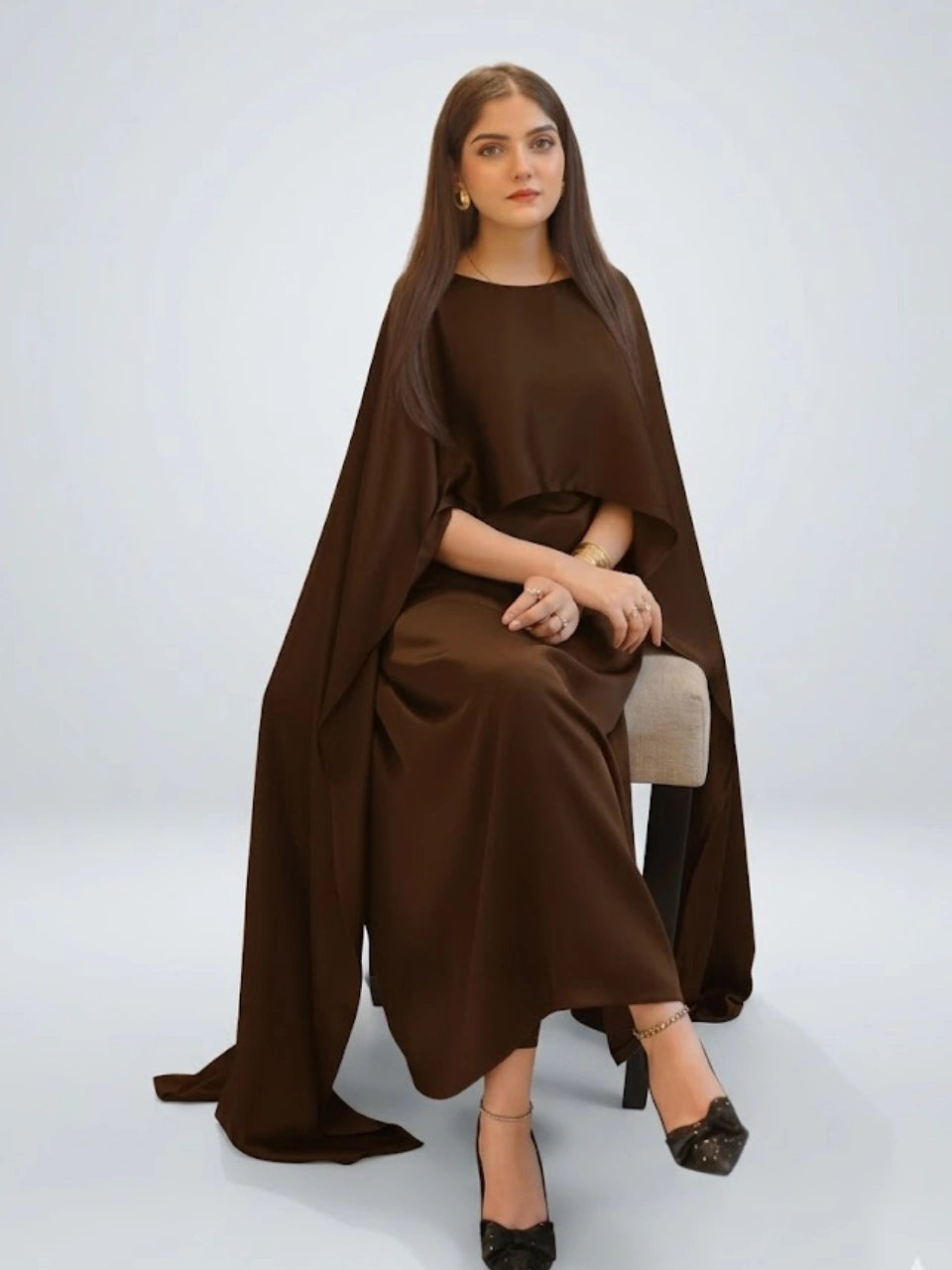 Brown Silk Cape Shawl Maxi