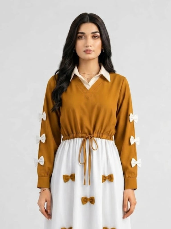 Golden Yellow Classic Wine Bow Embellished Jacket Maxi