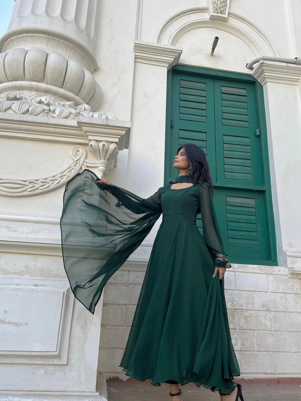 Green Georgette Anarkali Frock Set