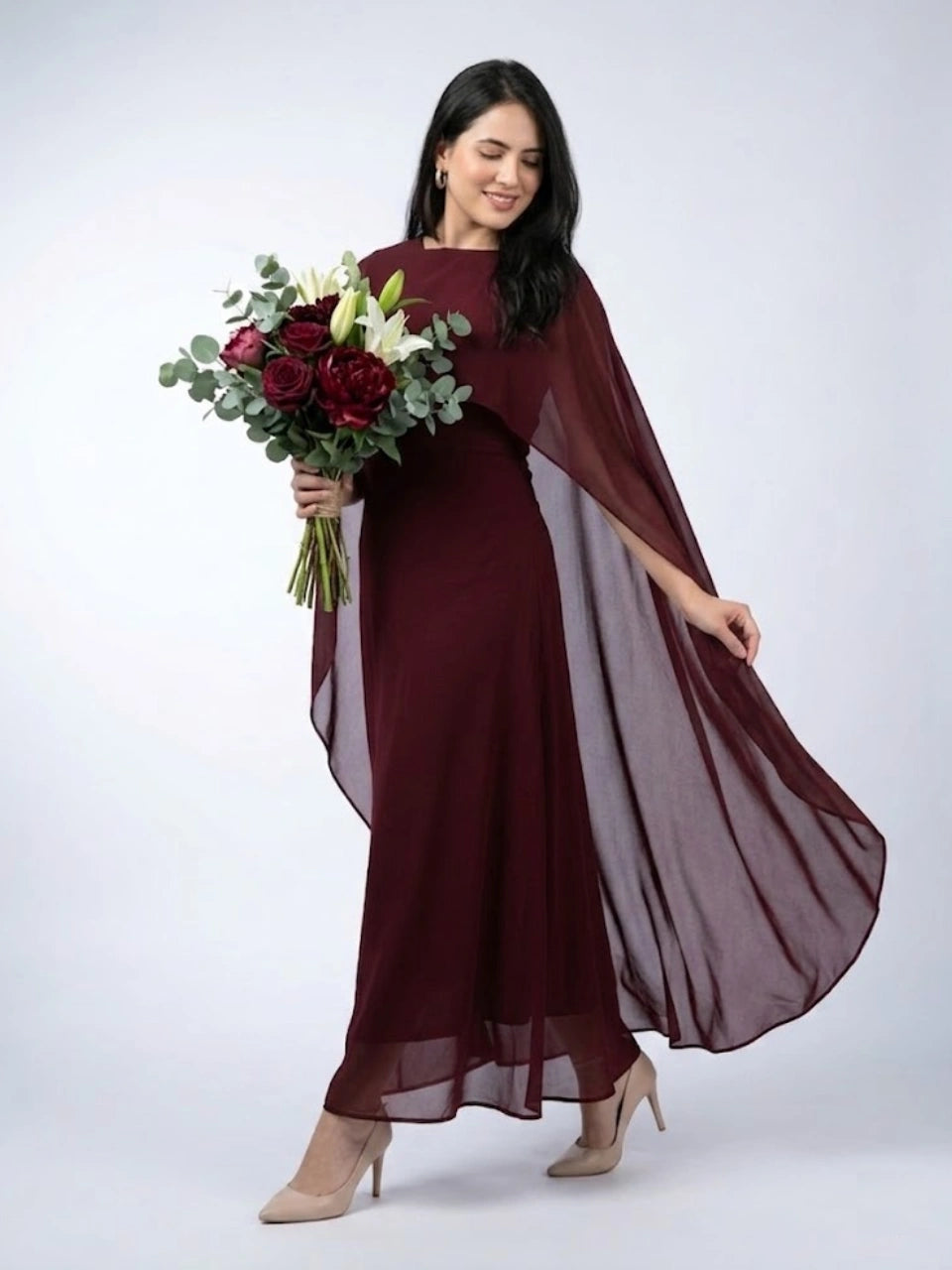 Maroon Silk Cape Shawl Maxi