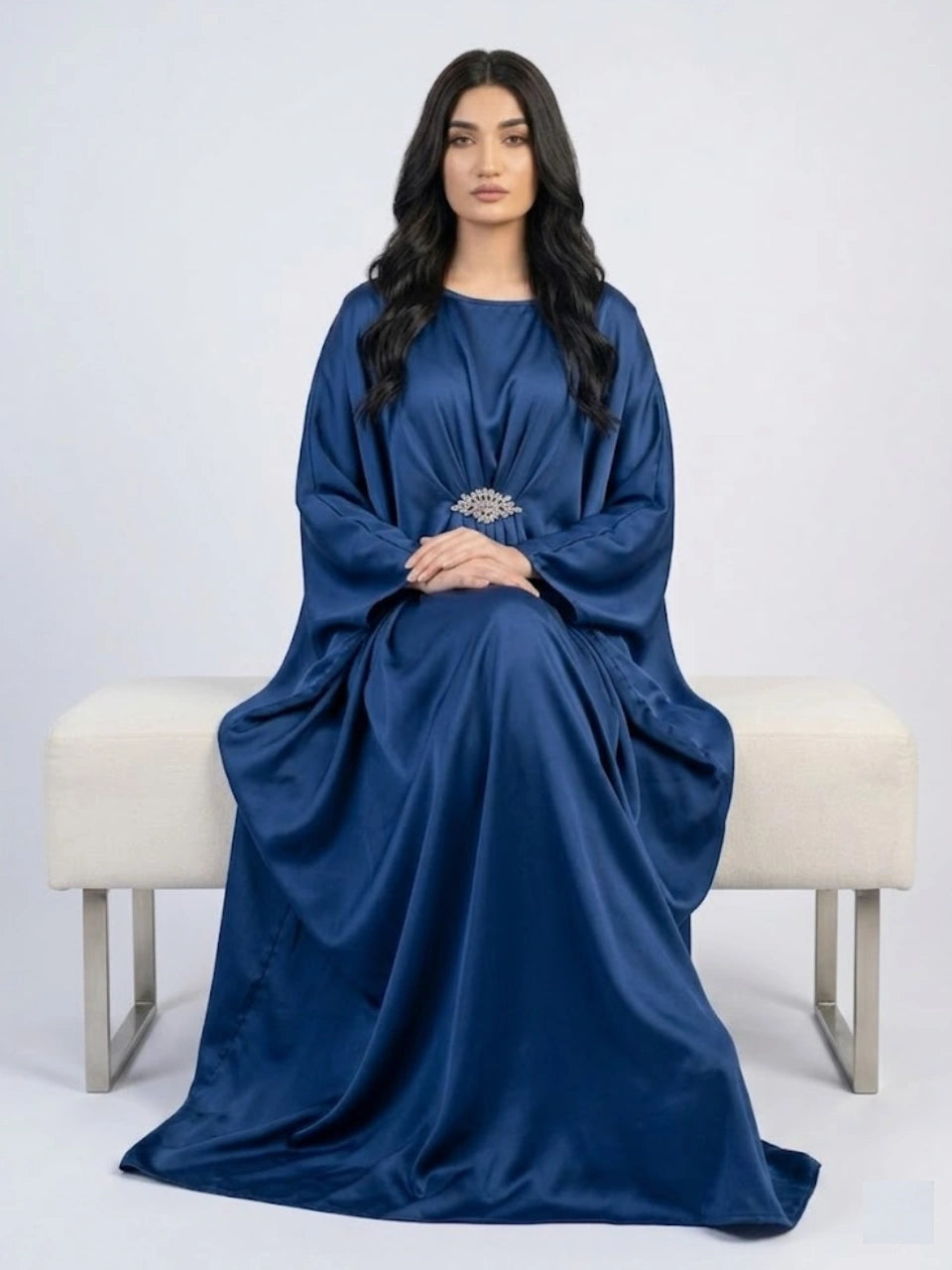 Navy Blue Emerald Pure Silk Kaftan Gown