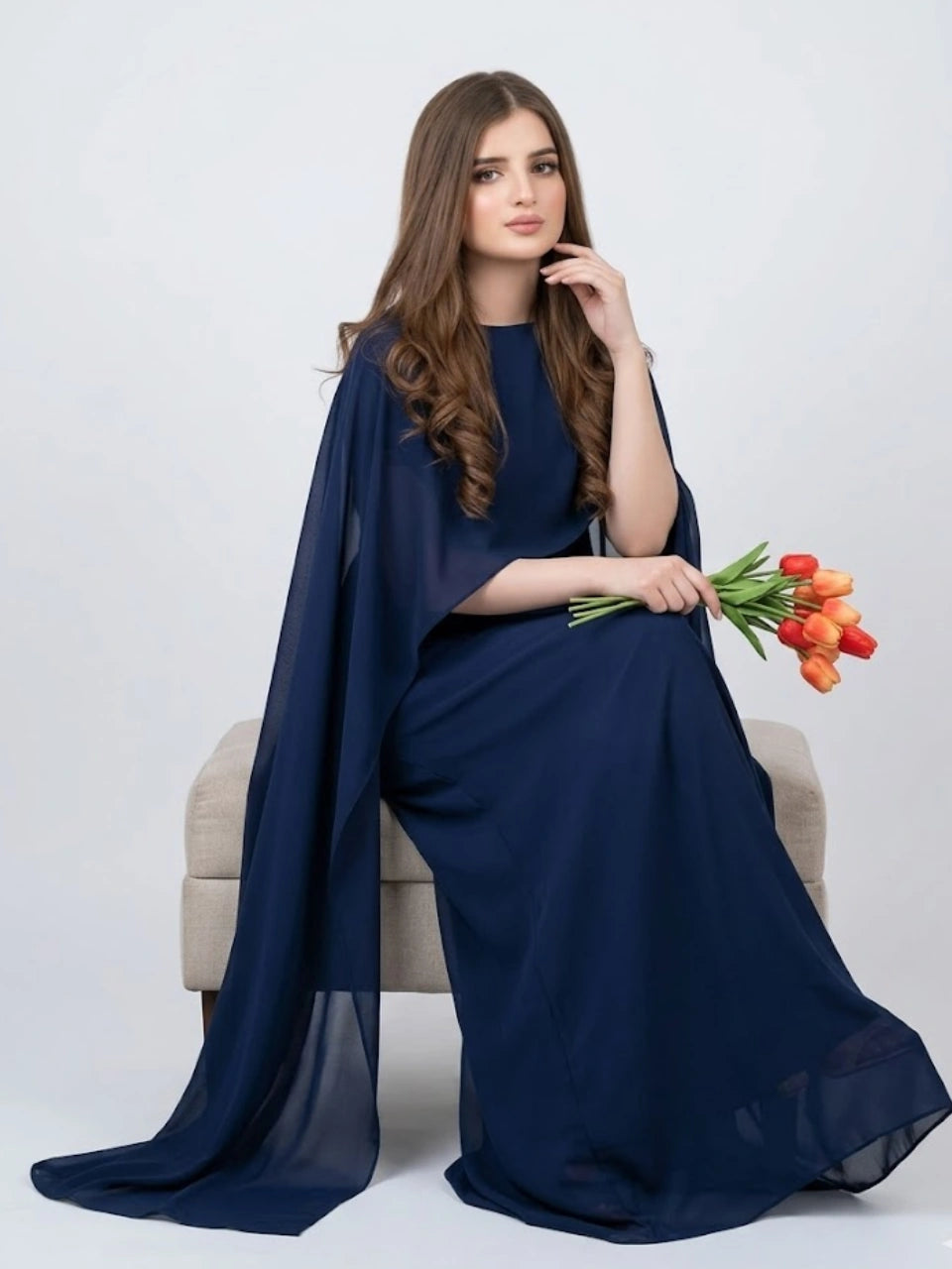 Navy Blue Silk Cape Shawl Maxi