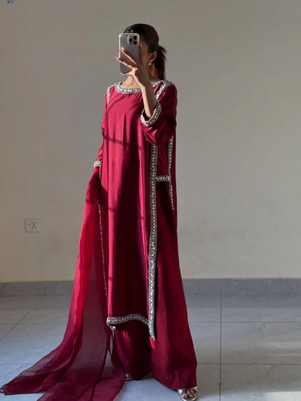 Red Ziya Pure Silk 3 Piece Suit