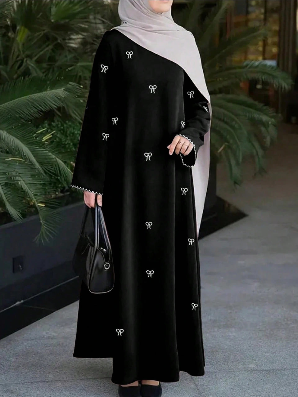 White Bow Embroidered Abaya